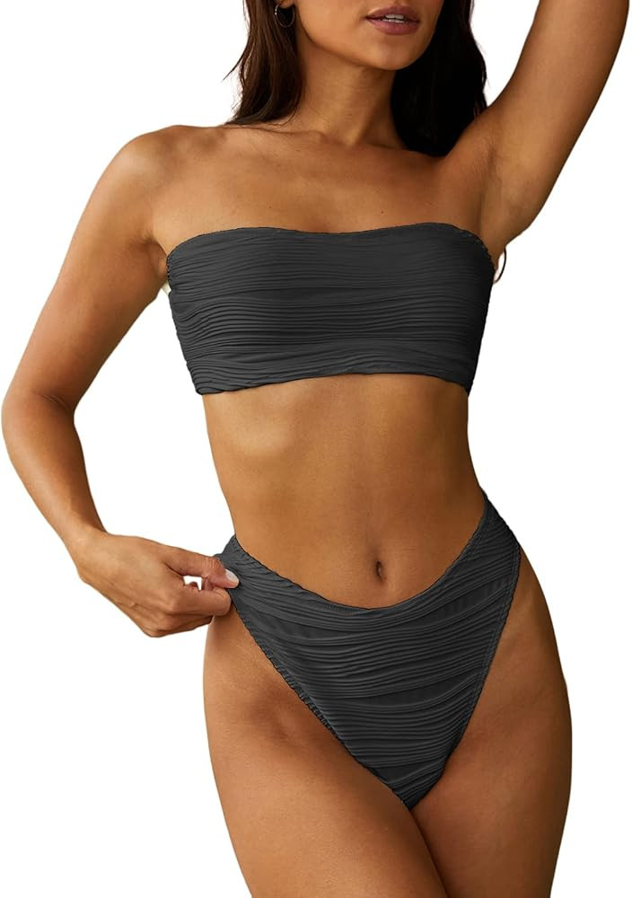 ZAFUL Women Strapless Wave Bandeau Bikini 2 Piece Swimwear Cheeky Solid Lace up Bathing Suits | Amazon (US)