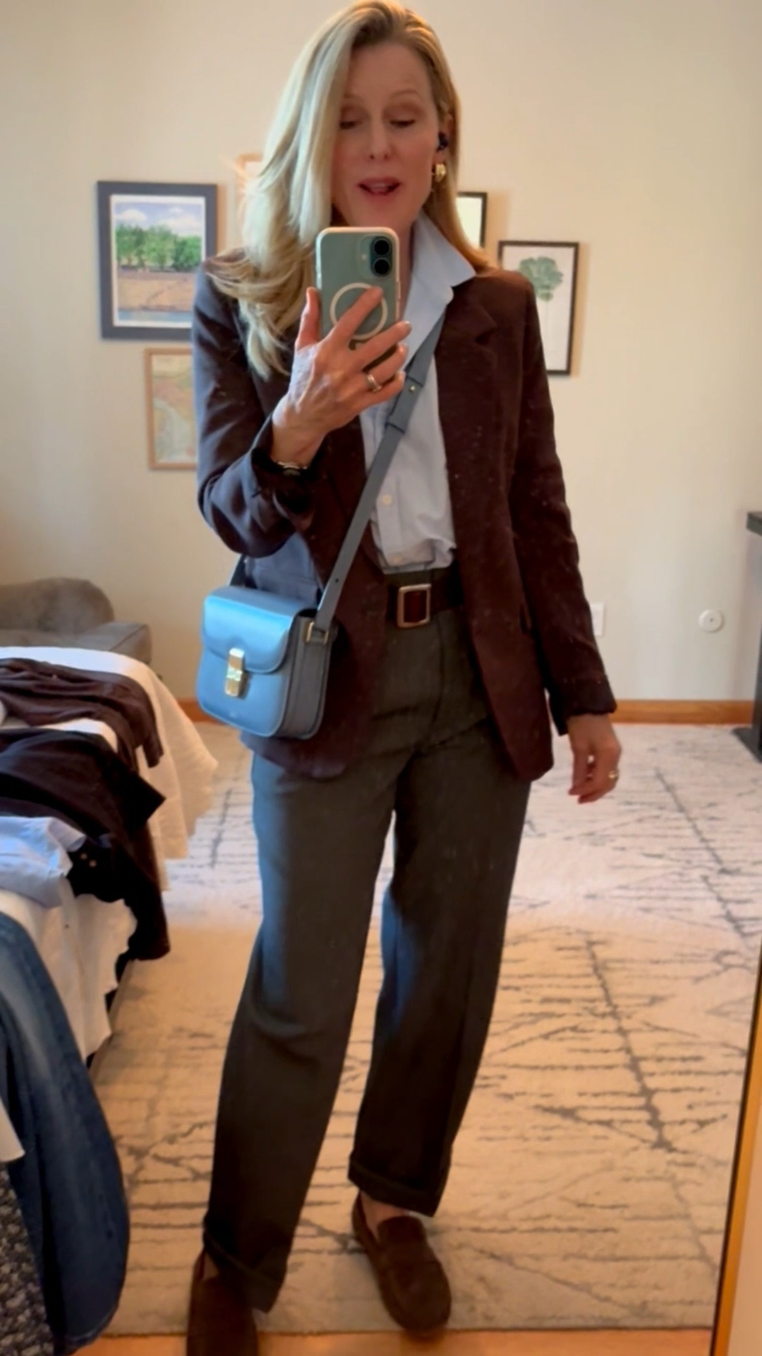 Fall outfits from a capsule wardrobe for travel. A chic combo of blue, brown and some patterned pieces combine into stylish, comfortable outfits for a fall vacation. 

Fits in a carry on if you are traveling light. 

#LTKTravel #LTKSeasonal #LTKOver40