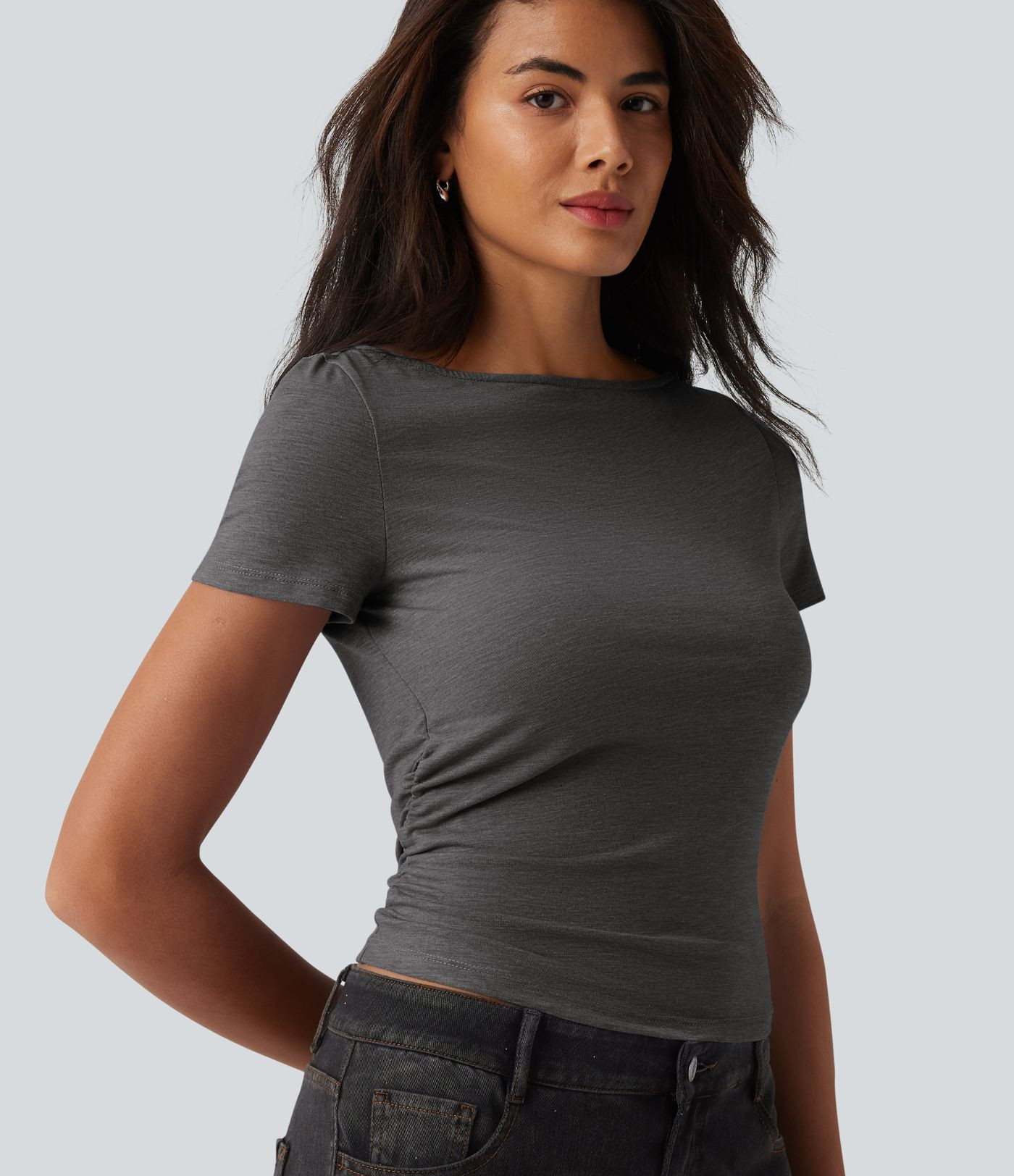 Women’s Boat Neck Short Sleeve Ruched Casual T-Shirt - Halara | HALARA