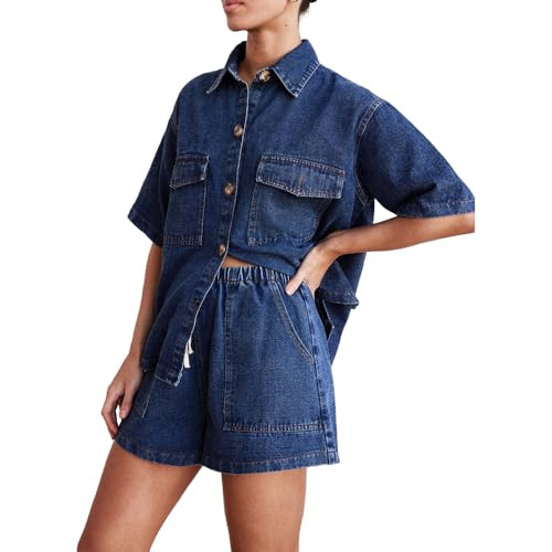Molilove Denim Set Women 2 Piece Outfits Short Sleeve Button Top Shorts Set Casual Loose Jean Set Two Piece Tracksuit | Amazon (US)