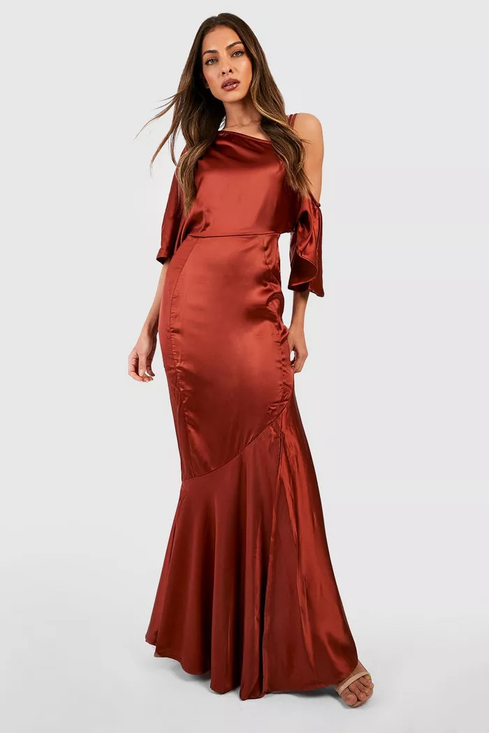 Bridesmaid Satin Off Shoulder Maxi Dress | Boohoo.com (US & CA)
