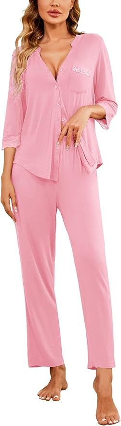 Ekouaer Women's Pajamas Set Long Sleeve Sleepwear with Pants Two Piece Pj Set Button Down Loungew... | Amazon (US)