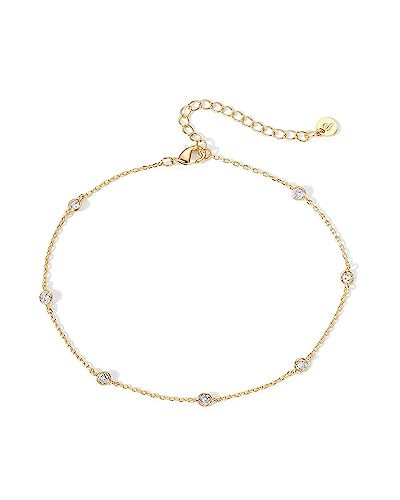 PAVOI 14K Yellow Gold Plated Cubic Zirconia Station Anklet | Dainty Station Ankle Bracelet for Women | Amazon (US)