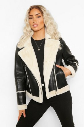 Bonded Contrast Faux Fur Biker | Boohoo.com (US & CA)