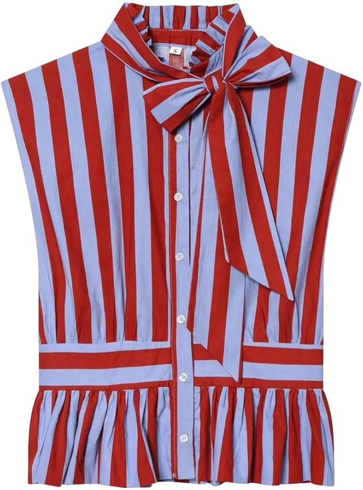 Women Striped Button Bow Decor Casual Daily Wear Comfortable Sleeveless Blouse | Amazon (US)