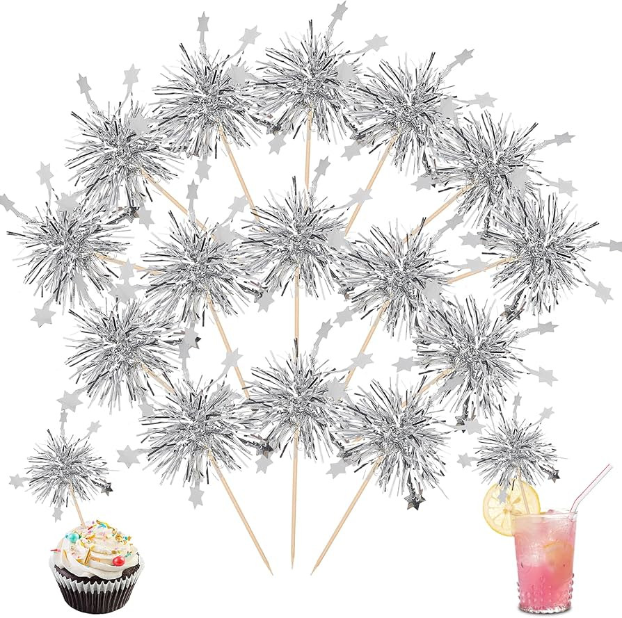30 PCS Foil Firework Cupcake Toppers Star Cupcake Picks Sparkle Tinsel Flower Drink Stirrers Cock... | Amazon (US)