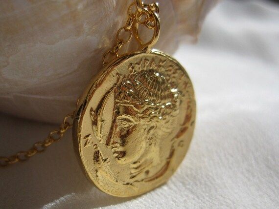 Aphrodite Necklace, 24K Gold Plated Necklace, Gold Coin Necklace, Coin Necklace, Coin Pendant, Charm | Etsy (US)