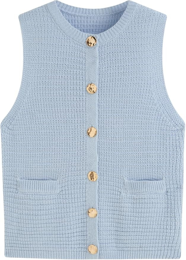 Womens Sweater Vest Sleeveless Knit Tops Button Down with Pockets Round Neck Casual Tank Tops | Amazon (US)