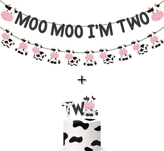 Moo Moo I'm Two Banner Two Cake Topper for Cow Second Birthday Party Farm Animals Two Year Birthd... | Amazon (US)