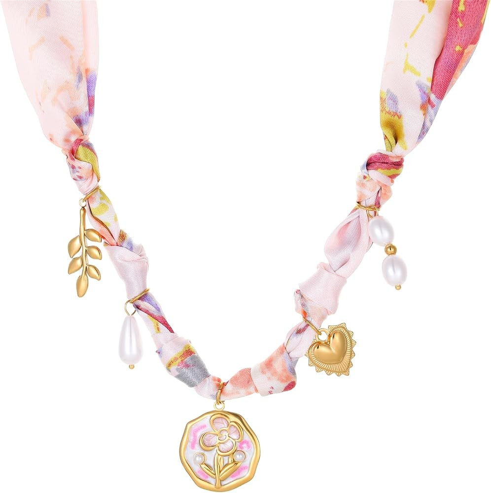 Silk Scarf Necklace for Women Adjustable Bandana Choker with Pearl 18K Gold Charms,Boho Beach Cer... | Amazon (US)