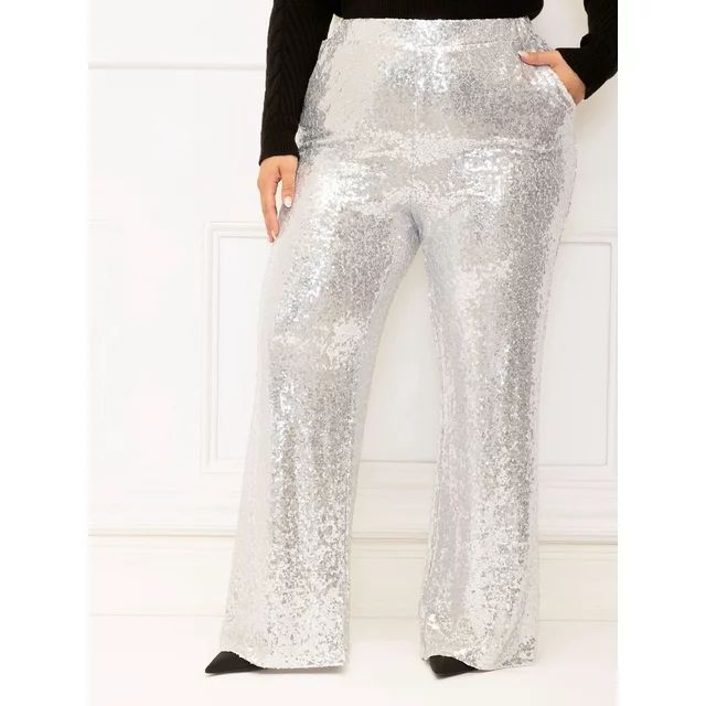 ELOQUII Elements Women's Plus Size Flare Leg Sequin Pants, 30.5” Inseam | Walmart (US)