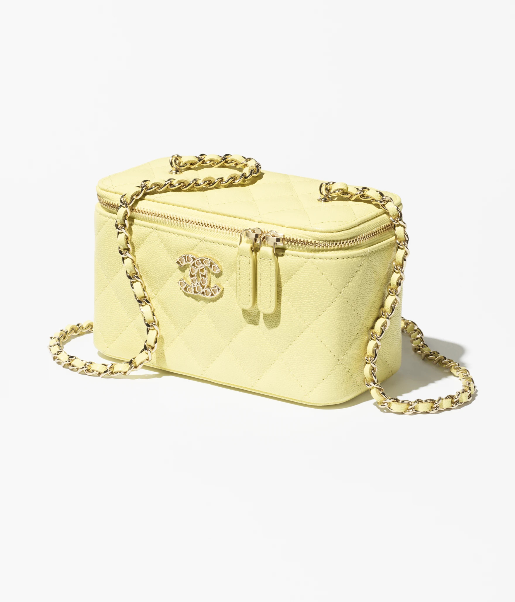 Long vanity with chain - Shiny grained calfskin, strass & gold-tone metal, light yellow — Fashi... | Chanel, Inc. (US)
