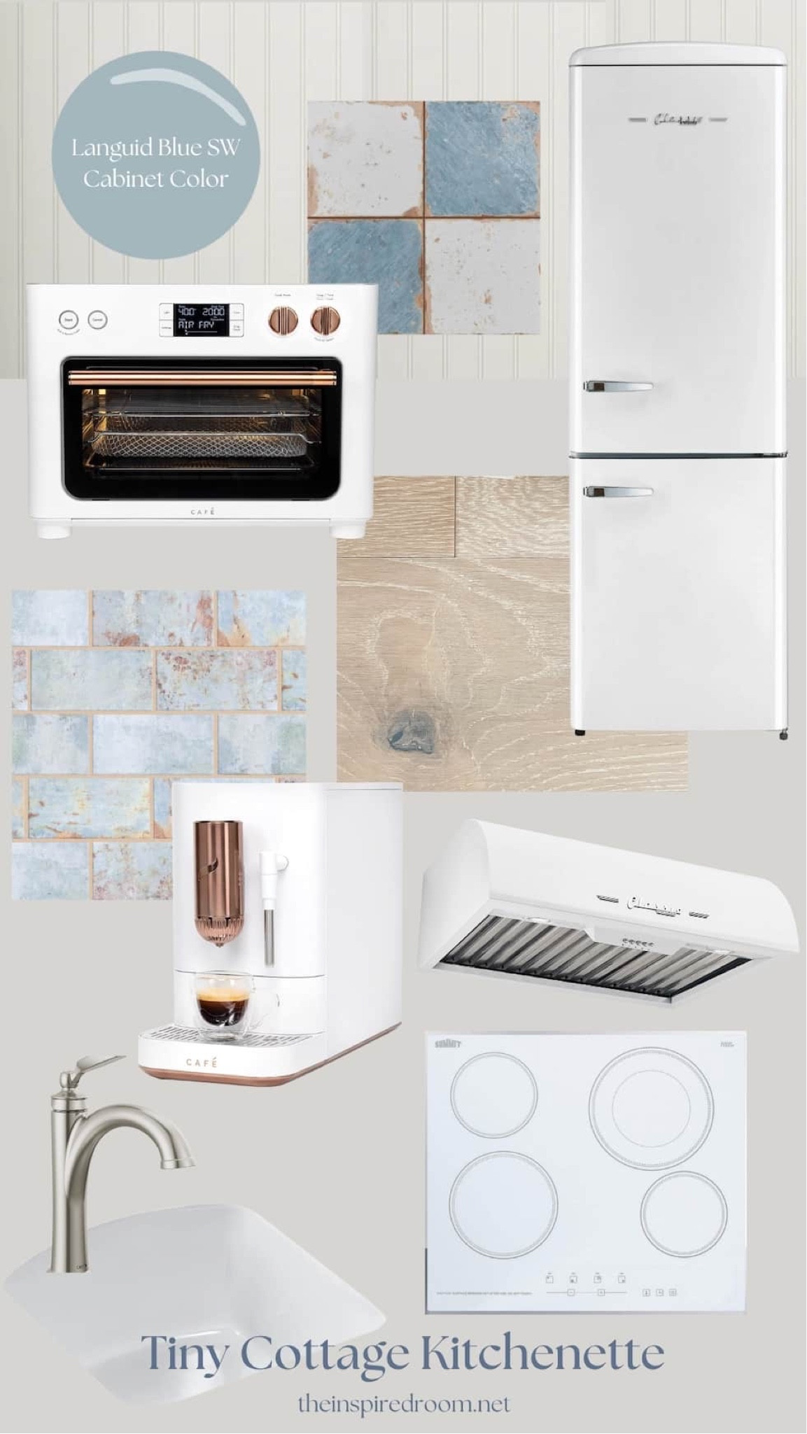 Tiny cottage design mood board (for my parents!) 🤍 see more on the blog.

Languid Blue Sherwin-Williams cabinet paint color
Beadboard walls
Butcher block countertops
Floors (same as ours, European white oak)
Oven with Air Fryer
Automatic Espresso Machine
Classic Retro White Fridge and Freezer
Faucet
Under Mount Bar Sink
Electric Cooktop
Blue and White Square Tile (2 sources listed, wayfair appears to be better price)
Ceramic Wall Subway Tile (2 sources listed, wayfair appears to be better price)
Classic Retro Under Cabinet Range Hood

#LTKstyletip #LTKhome #LTKSeasonal