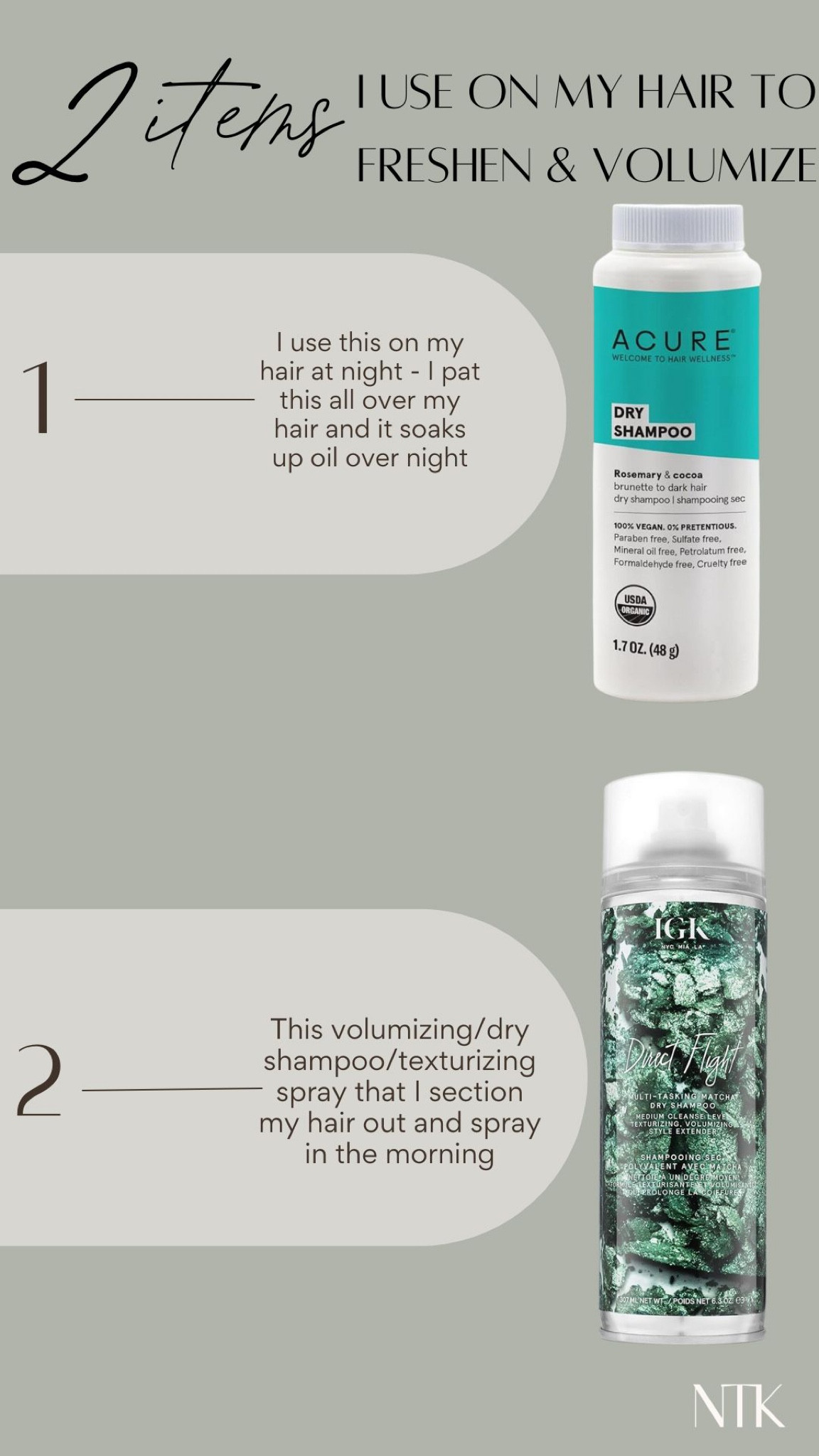 These two things I use on my hair when it needs a freshen up and some extra volume - the first is dry shampoo that I pat all over my head before sleep and the second is a texturizing/volumizing/ dry shampoo that I section my hair out and spray in the mornings

#LTKbeauty #LTKfindsunder50