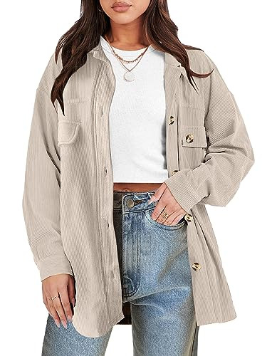 ANRABESS Womens Corduroy Shacket Button Down Shirts Oversized Long Sleeve Casual Cardigan Jacket 2025 Fall Fashion Clothes Beige Small | Amazon (US)