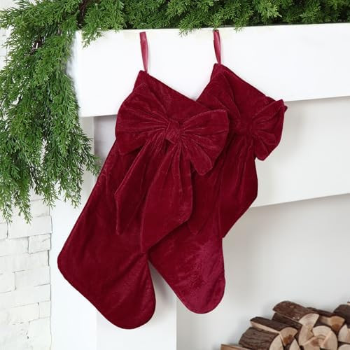 Seematn 2 Pack Bow Christmas Stockings, 18 inches Coquette Velvet Christmas Stocking Hanging Xmas... | Amazon (US)