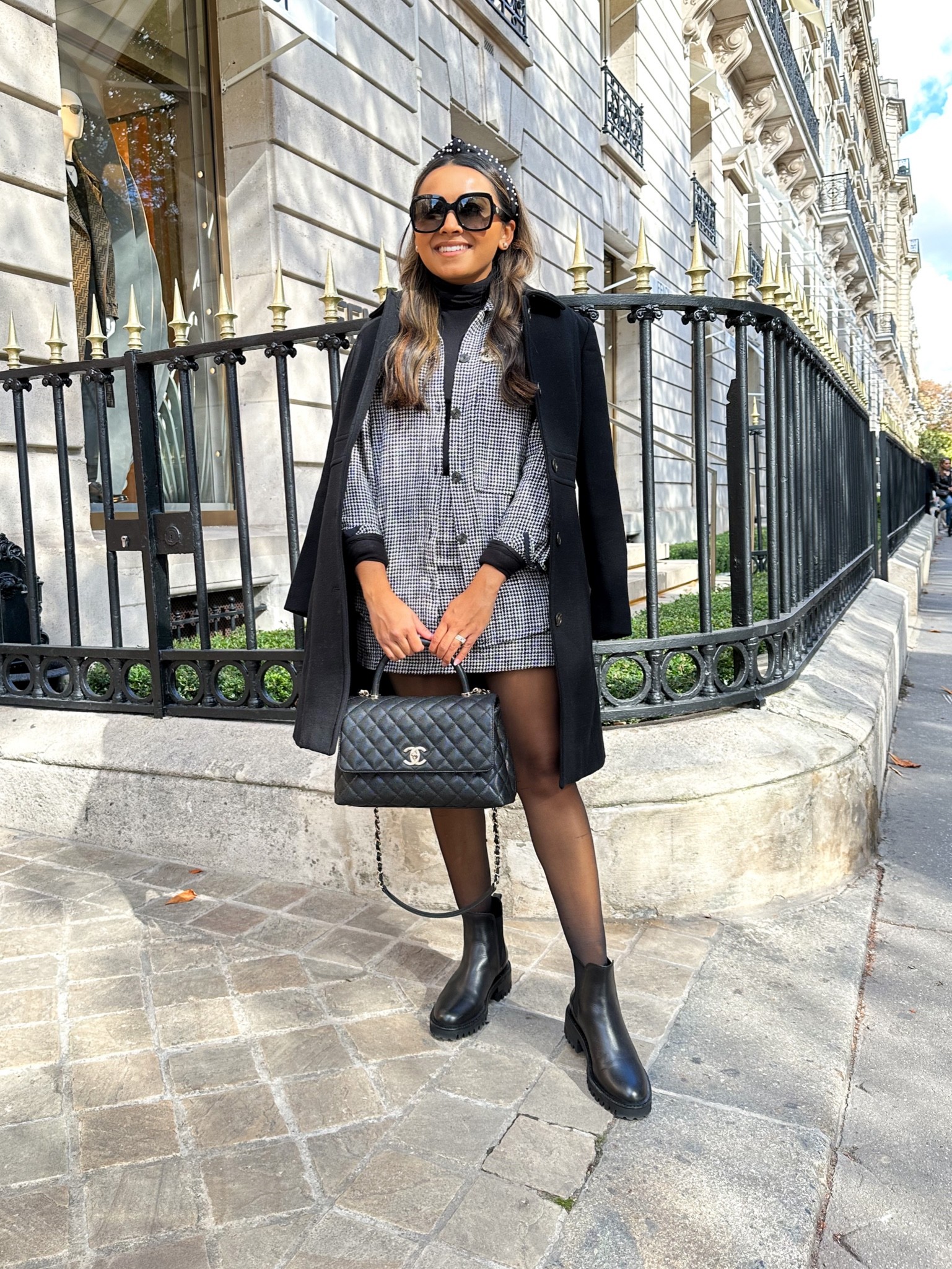 Coat size 0 petite - wearing last years version and I sized up one size 
Tweed shadier size xxs - TTS, sleeves are a little long
Tweed skirt size xs TTS 
Turtleneck size xxs TTS
Boots - more details on my blog https://honeysweetpetite.com/aerosoles-shoes-review/