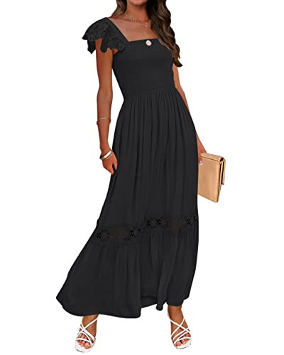 ZESICA Women's 2024 Summer Lace Strap Sleeveless Square Neck Smocked High Waist Ruffle Hollow Out Flowy A Line Maxi Dress,Black,X-Small | Amazon (US)