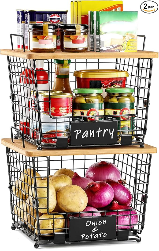2 Set Large Stackable Wire Basket with Bamboo Tops & Tag- Pantry Organizer and Storage Bins, Kitc... | Amazon (US)