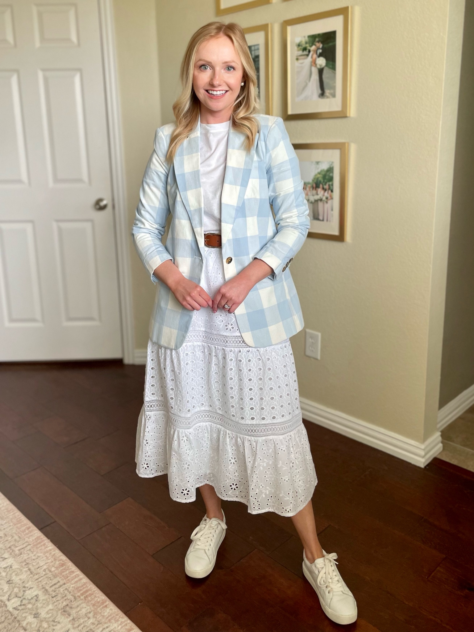 Wearing an XS in blazer and skirt | teacher outfit, spring workwear, workwear, blazer, pastel blazer, gingham blazer, white skirt, eyelet skirt, white sneakers 

#LTKworkwear #LTKSeasonal #LTKFind