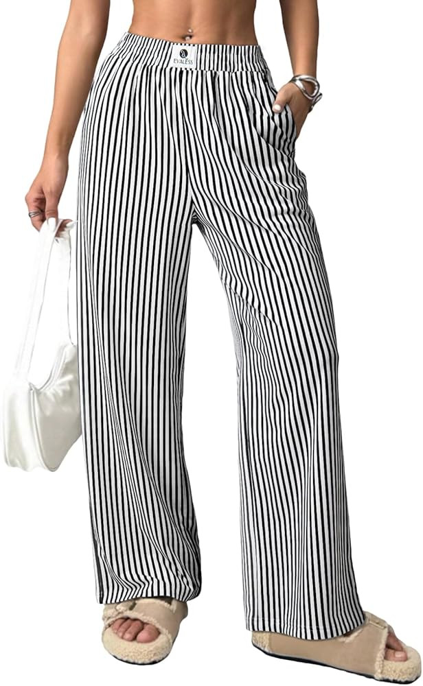 EVALESS Women's Striped Pants Spring Summer 2026 Comfy Pajama Pants High Waist Wide Leg Lounge Pa... | Amazon (US)