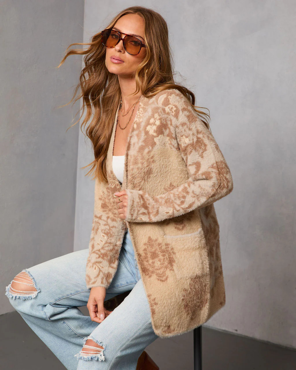 Calianna Abstract Fuzzy Knit Open Front Cardigan | VICI