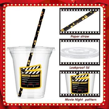 Boao 36 Sets Movie Night Party Cups with Lids and Paper Straws 14 oz Movie Night Birthday Party S... | Amazon (US)