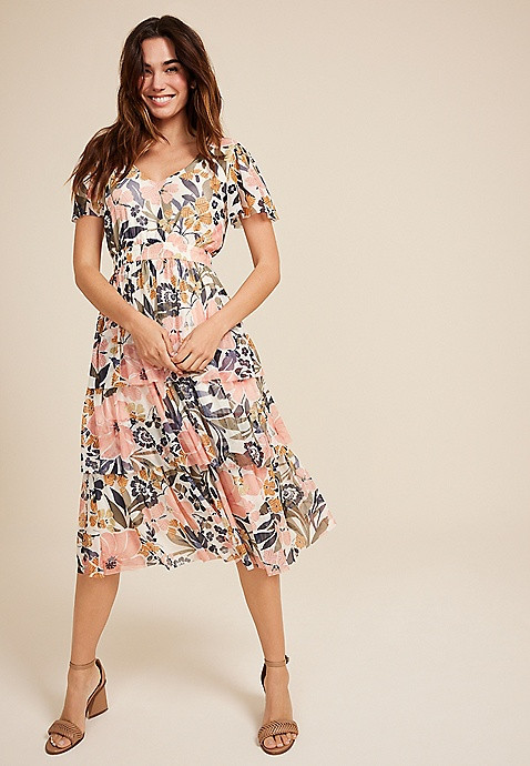Floral Mesh Flutter Sleeve Midi Dress | Maurices