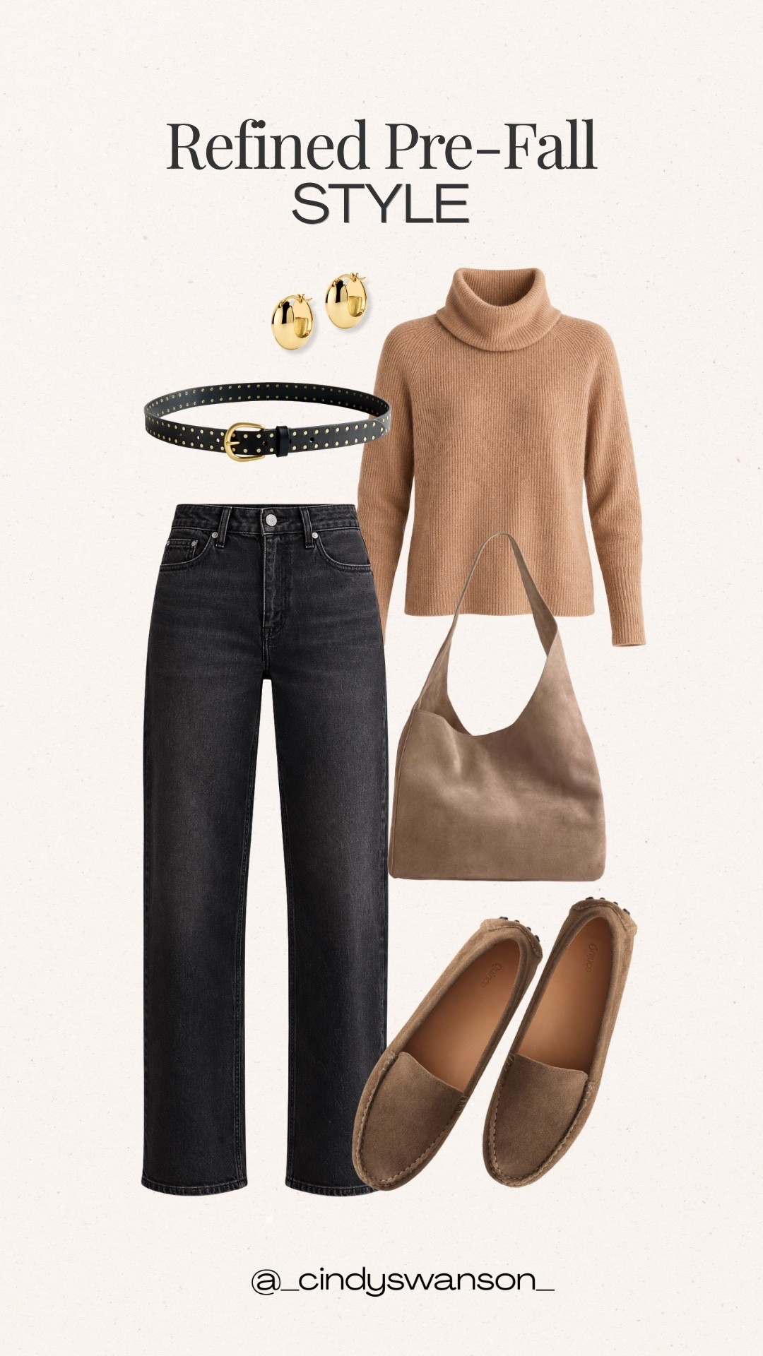 A camel turtleneck with black straight-leg jeans is such a classic pre-fall combination. Add suede loafers, a simple belt, and a neutral shoulder bag, and you have an easy everyday outfit that feels polished without being fussy.