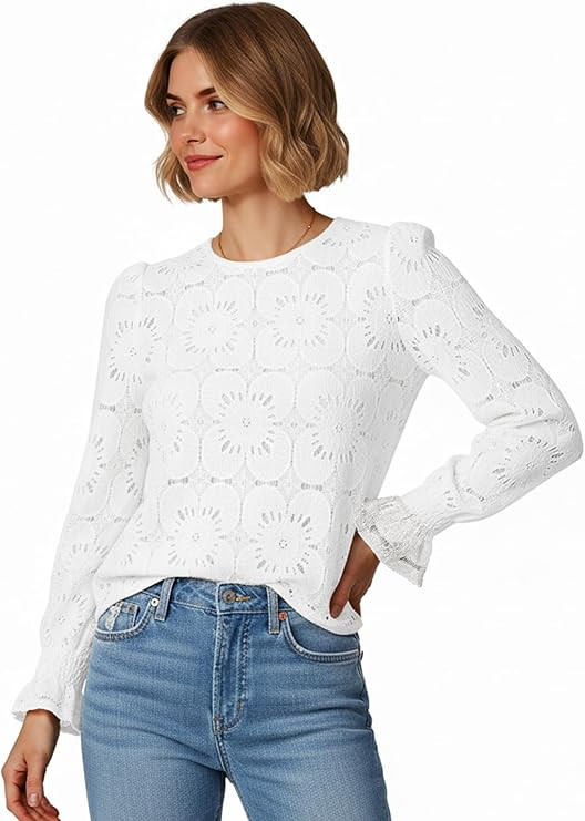 Women's Eyelet Lace Blouse Long Sleeve Crochet Embroidered Tops Dressy Casual Crew Neck Boho Shir... | Amazon (US)