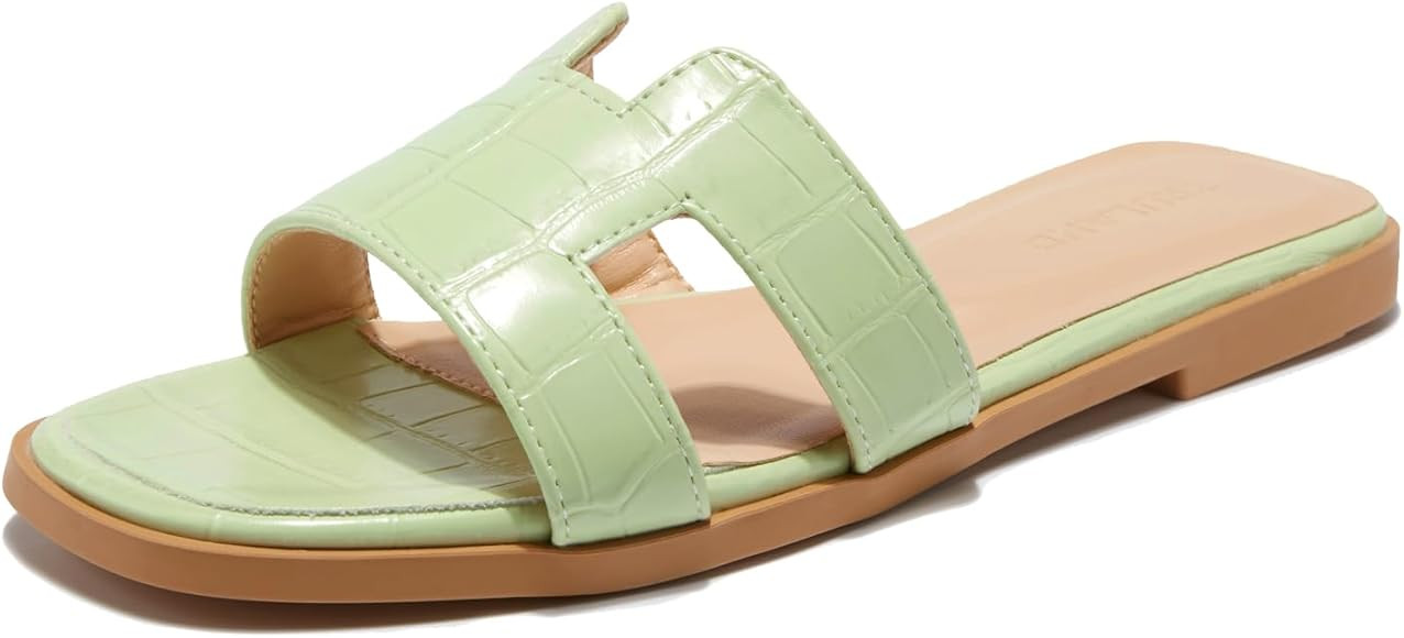 TRULAND H Strap Flat Slide Sandals for Women - Cute Fashion Open Square Toe Summer Dressy Sandals | Amazon (US)