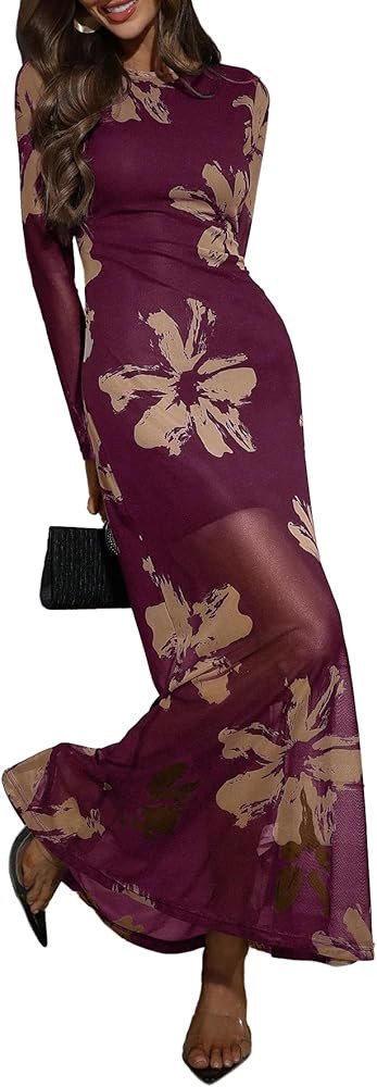 Verdusa Women's Floral Mesh Maxi Dresses Long Sleeve Elegant Formal Fall Wedding Guest Dress Cock... | Amazon (US)
