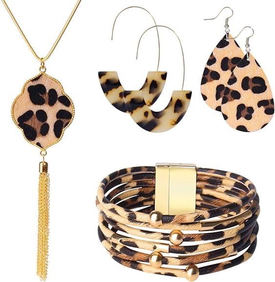 6 Pcs Leopard Earrings Leopard Jewelry Set for Women Leopard Leather Bracelet Long Tassel Leopard... | Amazon (US)