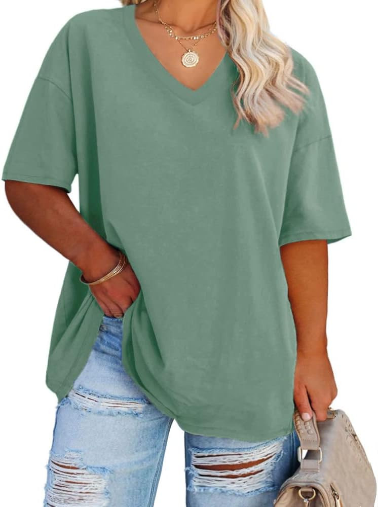 Women's Plus Size V Neck T Shirts Summer Half Sleeve Tees Casual Loose Fit Cotton Tunic Tops | Amazon (US)