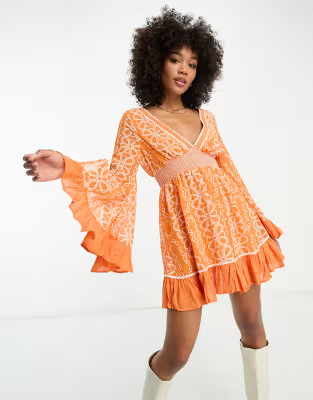 River Island embroidered bell sleeve mini dress in orange | ASOS (Global)