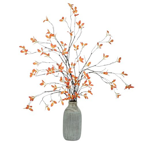 Lcuasc 5pcs Artificial Ficus Branches 33.3in Fall Decor Faux Eucalyptus Stems Fake Leaves Autumn Decorations for Home Table Decor,Fall Branches for Vase Filler Centerpieces(Fall Orange) | Amazon (US)