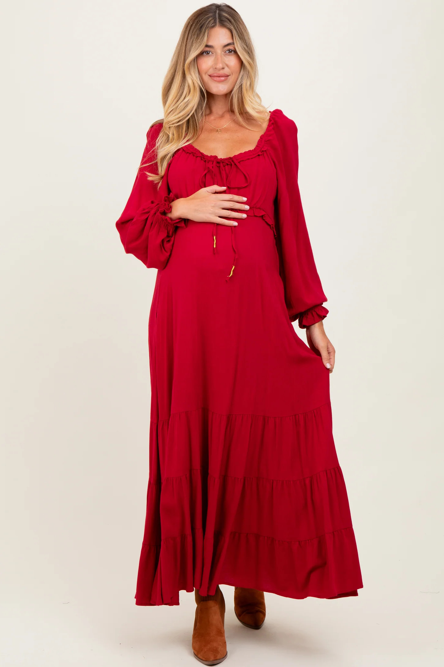 Red Ruffled Fit And Flare Maternity Maxi Dress | PinkBlush Maternity