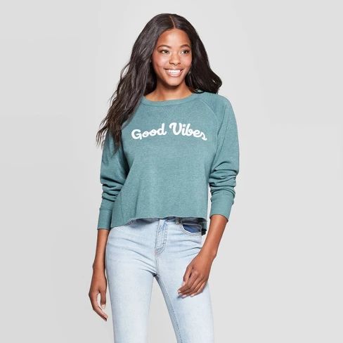 Women's Good Vibes Long Sleeve Cropped Graphic Sweatshirt (Juniors') - Teal | Target