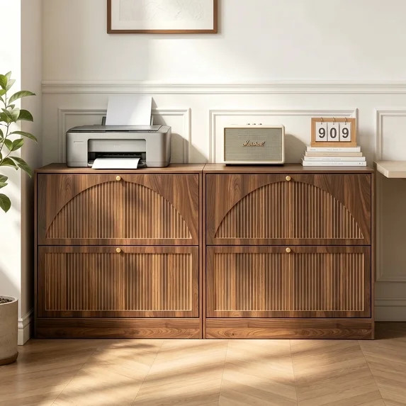 Walnut 2-Drawer Wood File Cabinet, Vertical Filing Cabinet for Letter/A4-Sized Files, Modern Flut... | Walmart (US)