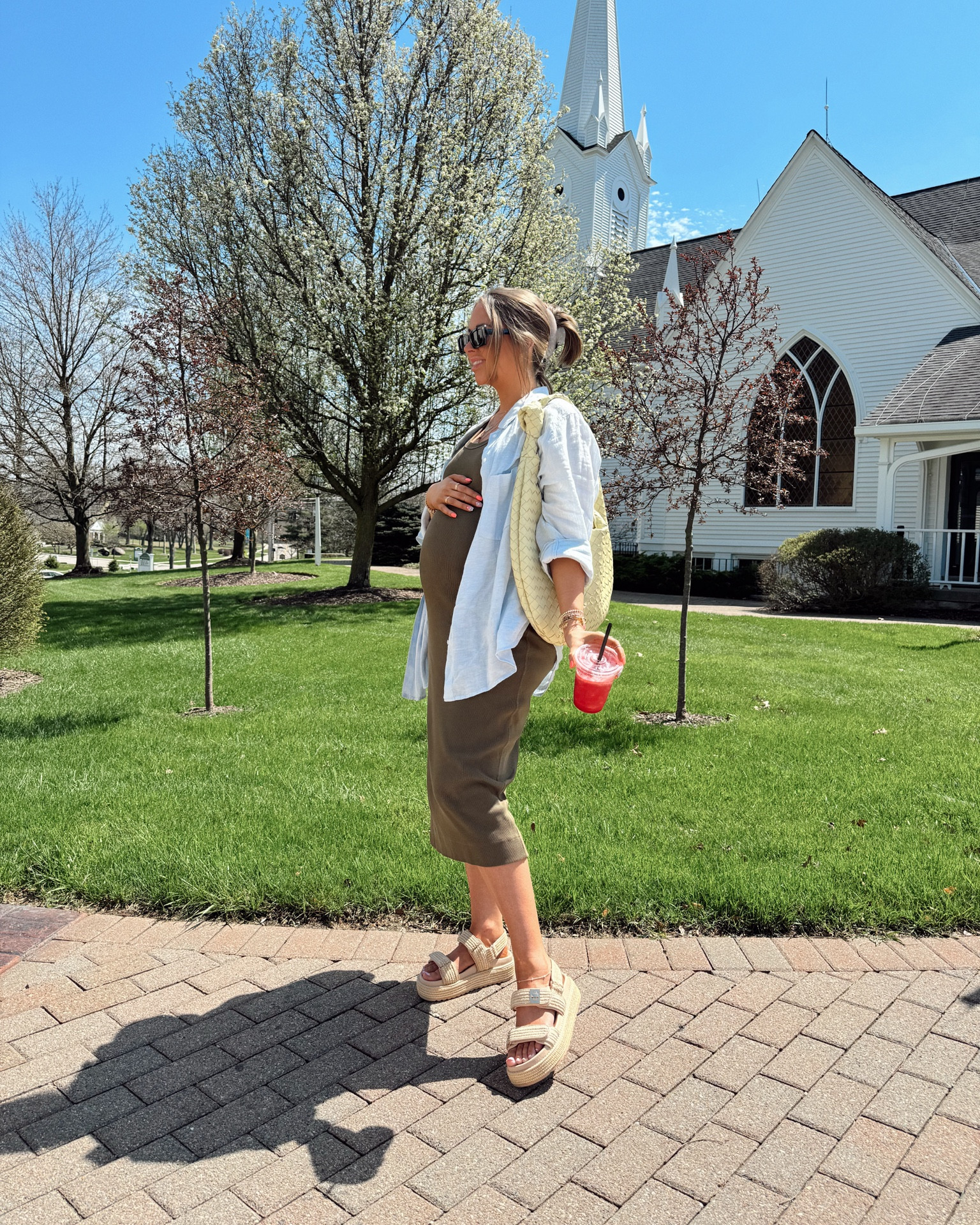 Everlane dress perfect for the bump 🤍🤍 in a size medium! Linen button down is my favorite ever, I have like 5 colors!! Such great quality for the price 🫶🏼 

Steve Madden Sandals, Raffia Sandals, linen button down, maternity, bump-friendly 

#LTKbump #LTKfindsunder100 #LTKshoecrush