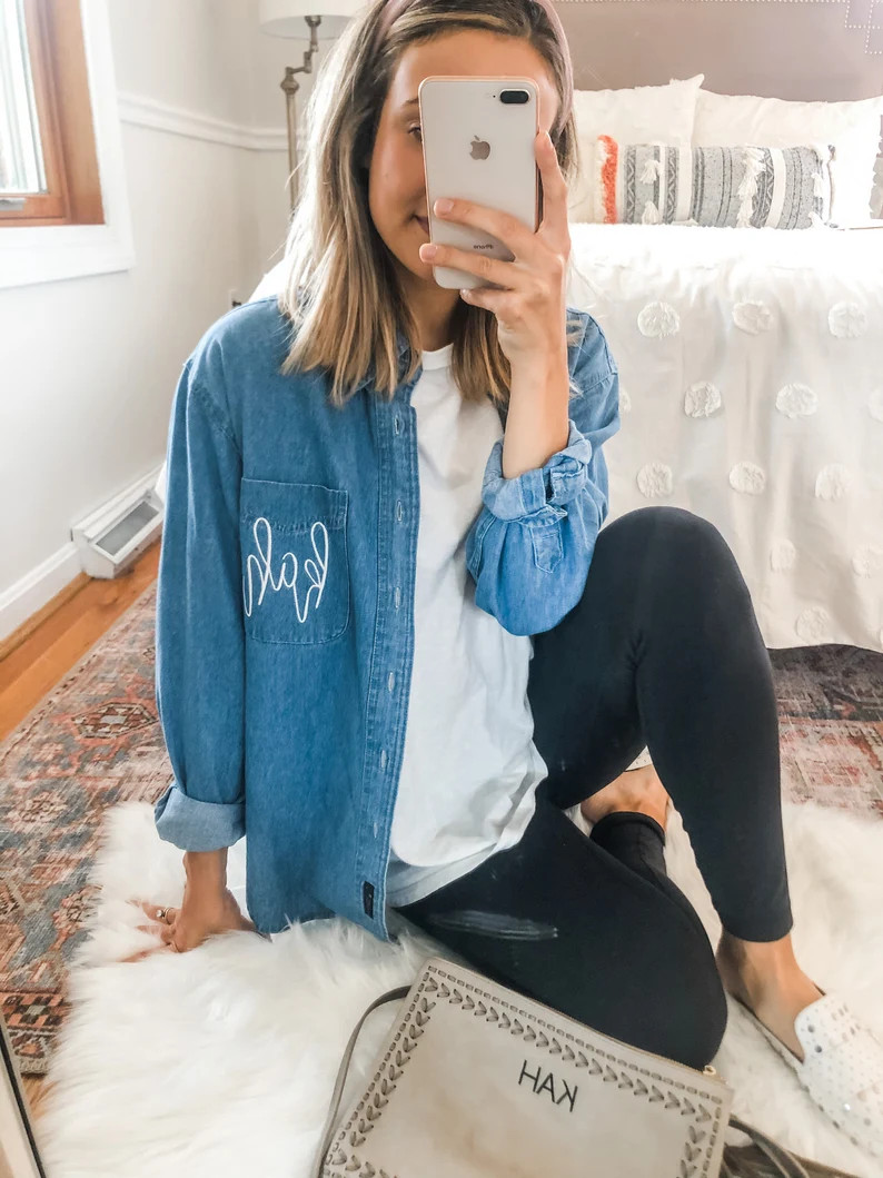 Monogrammed Denim Button Up Shirt | Lightweight Shacket Personalized | Monogrammed Denim Button U... | Etsy (US)