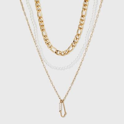 Figaro and Simulated Pearl with Safety Pin Charm Trio Chain Necklace - Wild Fable™ | Target