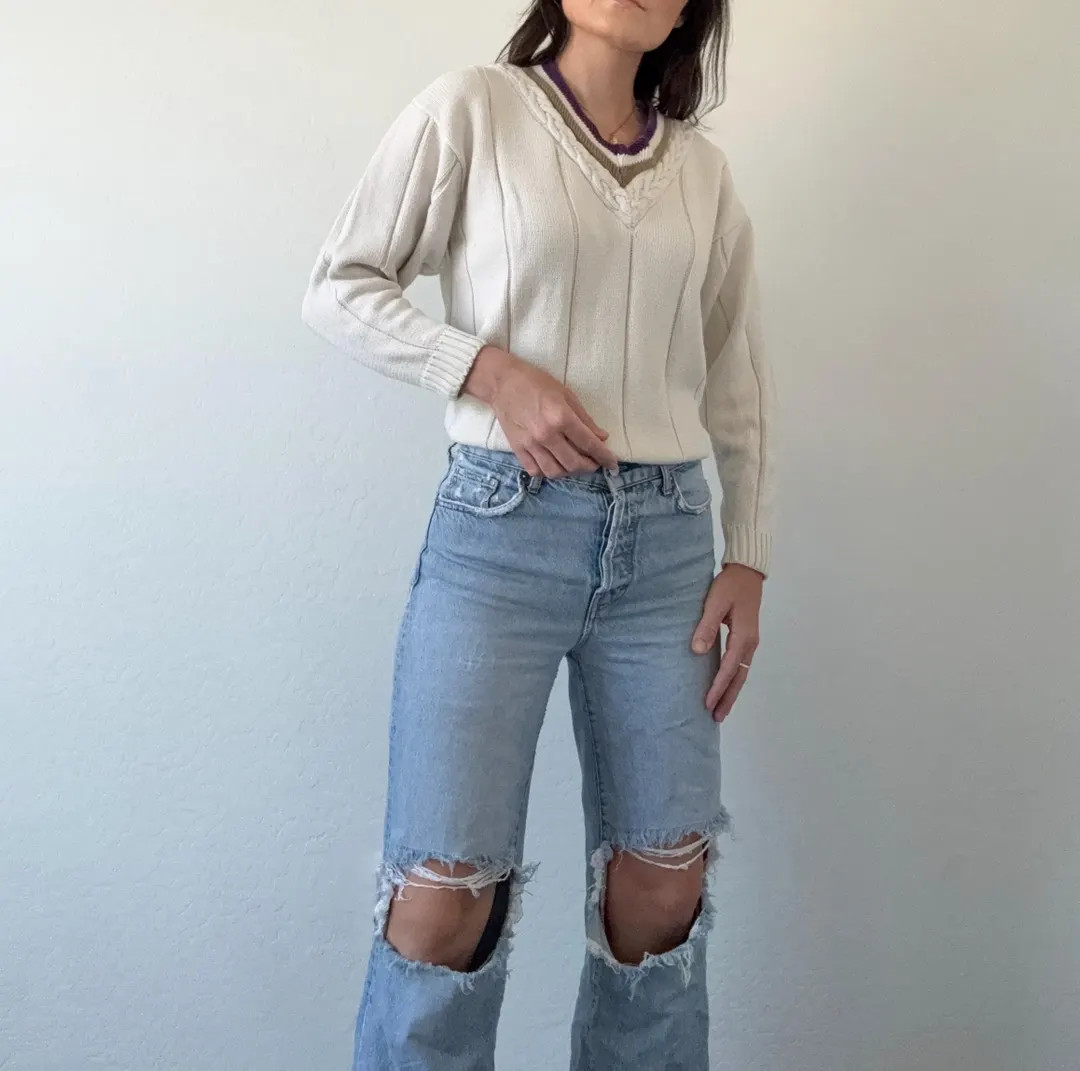 Vintage Cream V Neck Knit Sweater | Etsy (US)