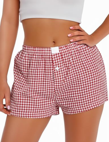 joyliveCY Women's Y2K Cute Plaid Print Streetwear Pajamas Shorts Gingham Pj Lounge Boxer Shorts Sleepwear Bottoms red4 | Amazon (US)