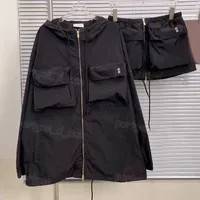 Luxury Women Black Nylon Jacket Mini Skirt Outfit Designer Long Sleeve Hooded Drawstring Jackets ... | DHGate