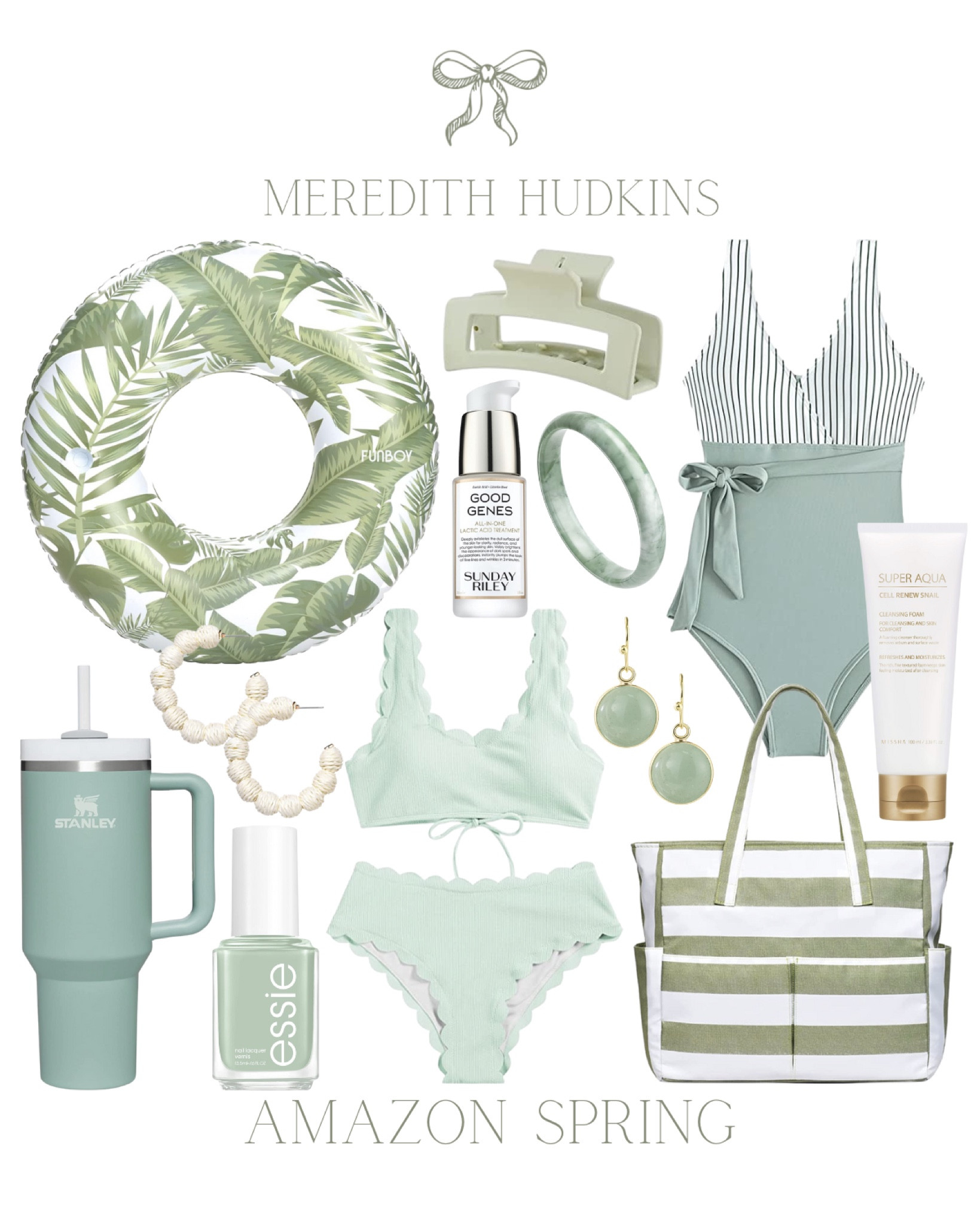 Spring fashion, swimwear, women’s swimsuit, two piece swimsuit, Green swimsuit, tropical palm pool float, beach bag, rattan earrings, cell renew snail mucin, good genes, Sunday Riley, Stanley cup, high waisted bikini, Essie nail polish, Jade earrings, jade bangle bracelet, sage green swimsuit, claw hair clip, skin care, beach essentials, poolside, resort, vacation outfit, Amazon fashion 

#LTKSeasonal #LTKunder50 #LTKswim