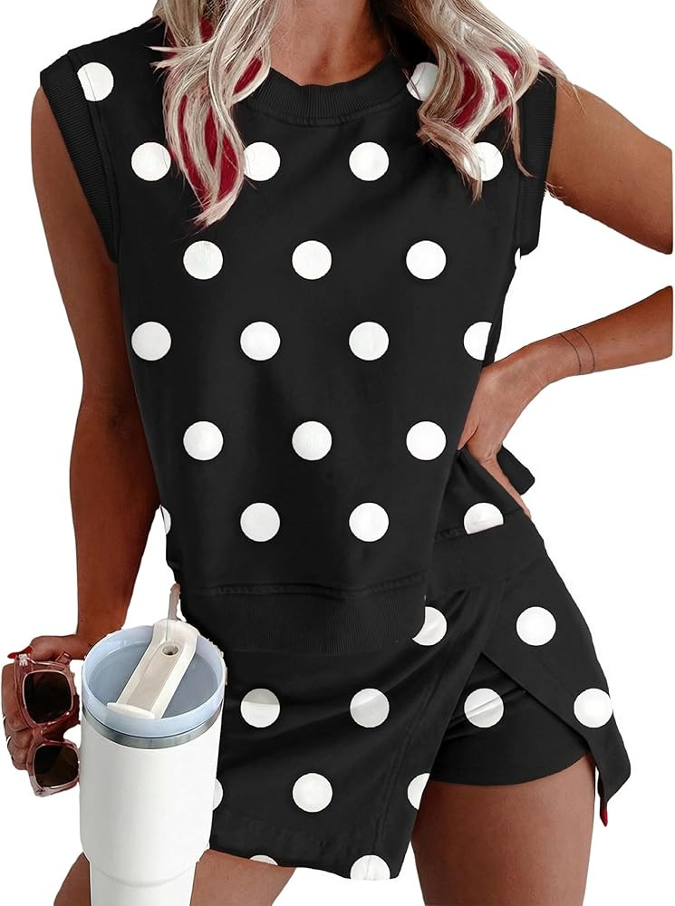 KevaMolly Womens Lounge Sets Ribbed Trim Polka Dot Print Tank Split Mini Skort 2pcs Set Sleeveles... | Amazon (US)