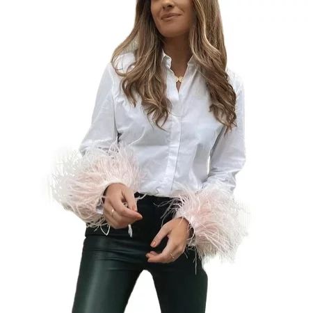 Raruxxin Women Feather Cuff Lapel Shirts Long Sleeve V Neck Contrast Color Button Down Blouse Street | Walmart (US)