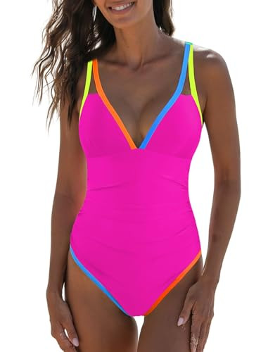 popvil Women's Tummy Control Swimsuits One Piece Neon Color Block Swimwear Deep V Neck Slimming Bathing Suit | Amazon (US)