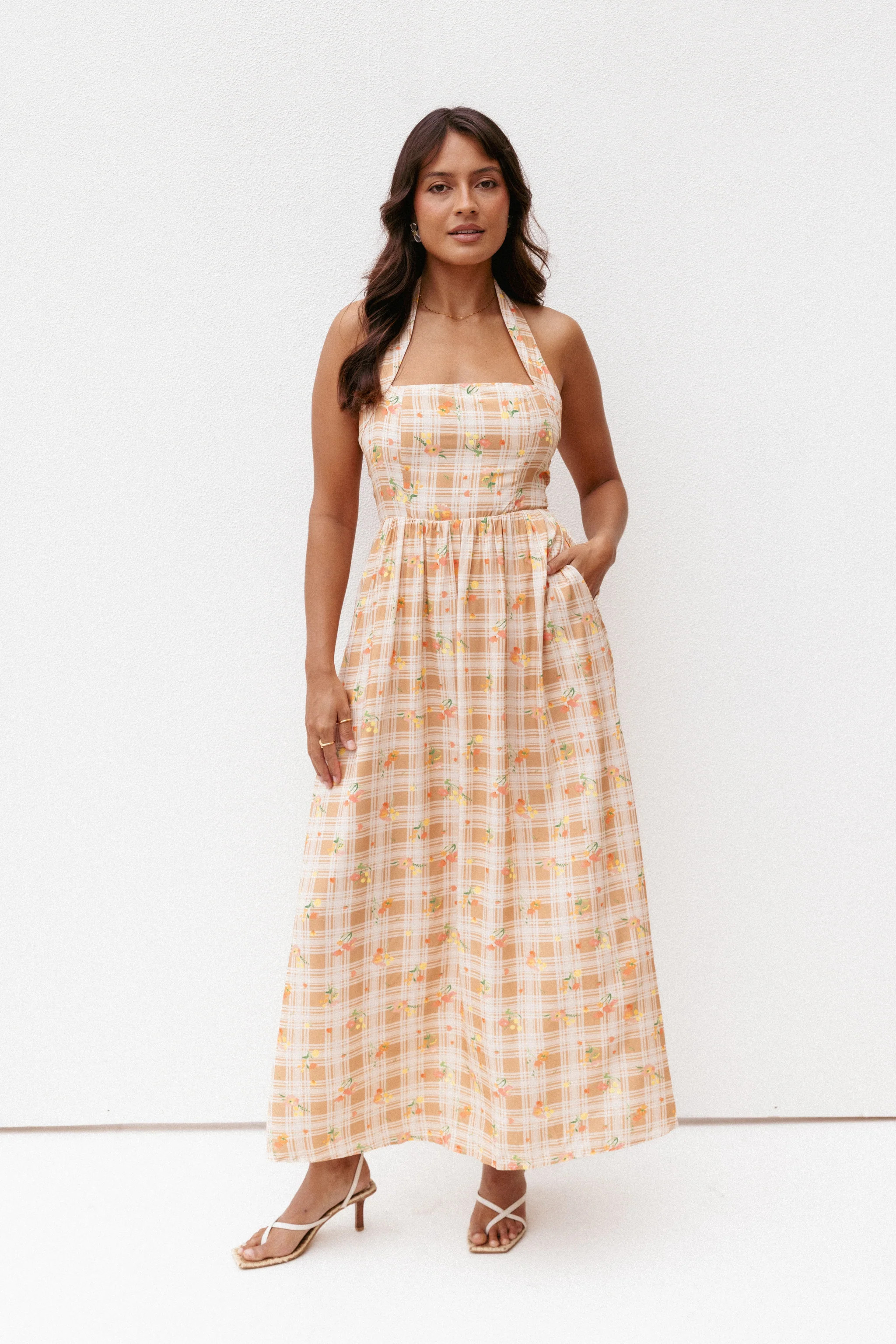 Gemini Halterneck Maxi Dress - Yellow Floral Gingham | Petal & Pup (US)